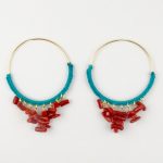 Boucles d'oreilles créoles gold-filled et corail rouge, tressage file de jade bleu