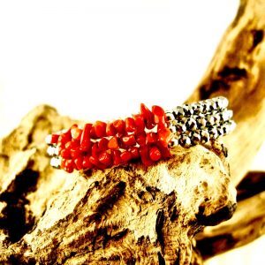 bracelet 3 rangs corail rouge et argent