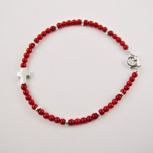  Bracelet de perles 2,5mm de véritable corail rouge de Méditerranée,  petite croix (9mmx6mm)  en argent 925/1000 , anti allergique (sans nickel), avec traitement anti ternissement, monté sur fil câblé, fermoir argent 925/1000