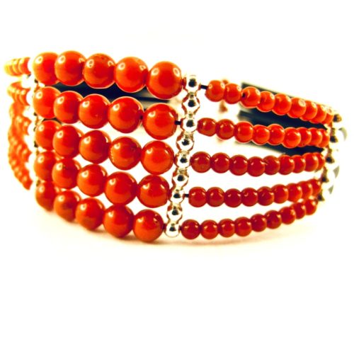 Bracelet manchette 5 rangs perles de corail rouge