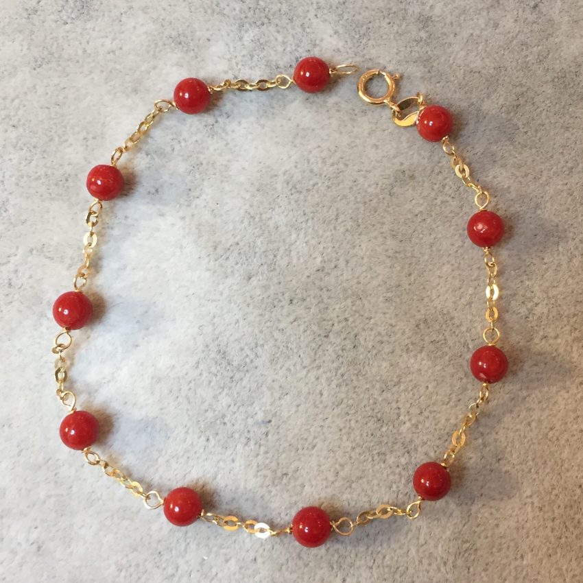 Bracelet En Or Jaune 18 Carats Avec Corail Véritable Et Perles - Longueur 18 Cm, 2,2 G, état Comme Neuf