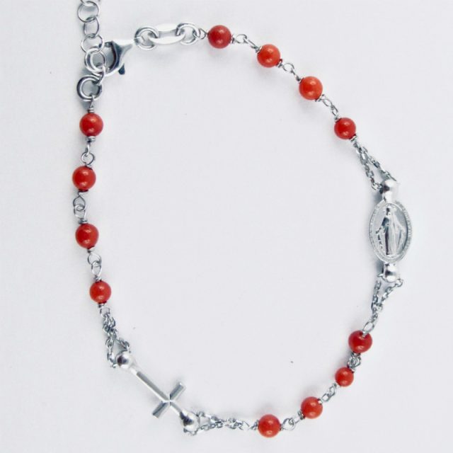 bracelet chapelet perles de corail rouge et argent massif