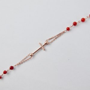 collier-rosaire corail rouge et argent plaqué or rose
