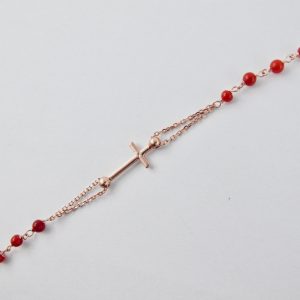 collier-rosaire corail rouge et argent plaqué or rose