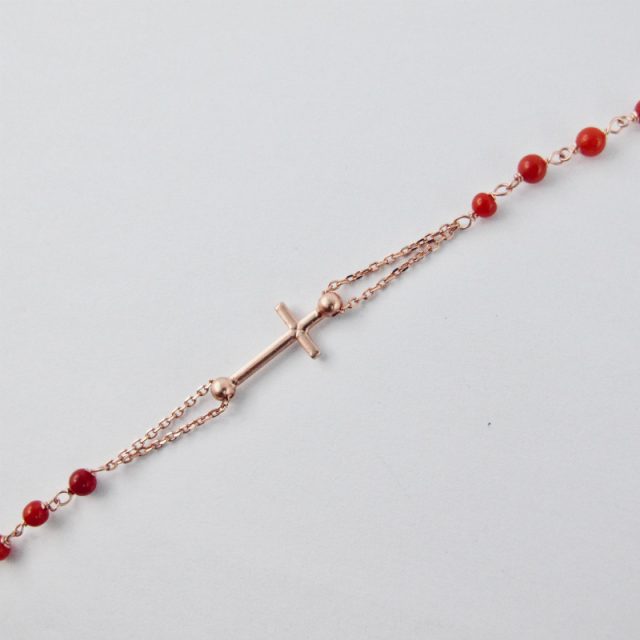 collier-rosaire corail rouge et argent plaqué or rose