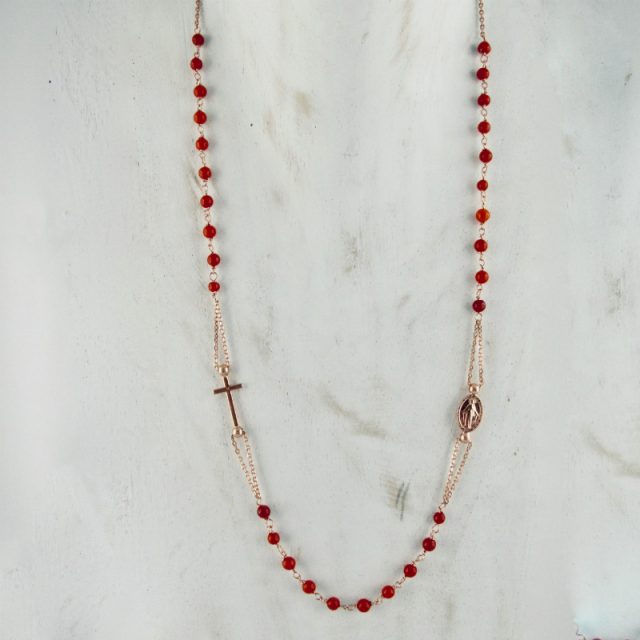 collier-rosaire corail rouge et argent plaqué or rose
