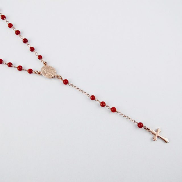 collier chapelet en corail rouge de Méditerranée et argent plaqué or rose