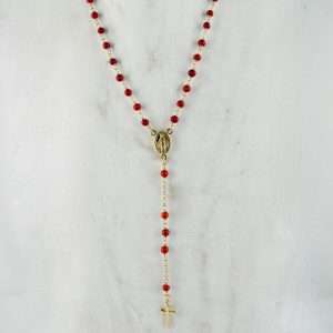 collier chapelet en corail rouge de Méditerranée et argent plaqué or jaune