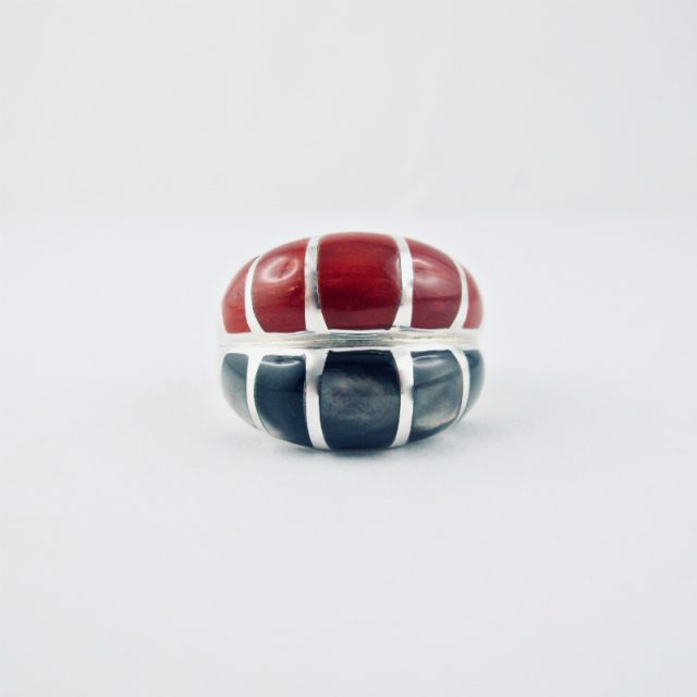 bague alliance duo corail rouge et nacre black lip, argent massif