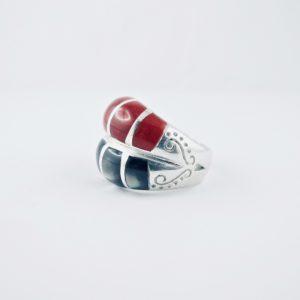 bague alliance duo corail rouge et nacre black lip, argent massif