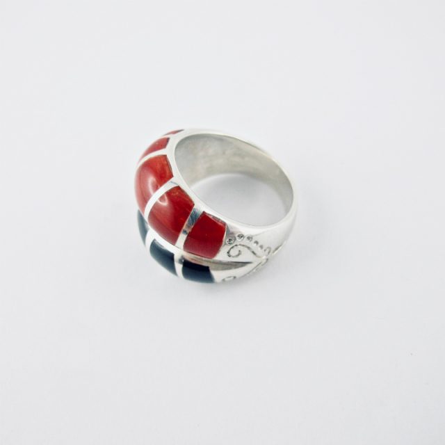 bague alliance duo corail rouge et nacre black lip, argent massif