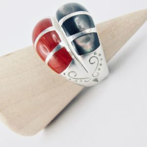 bague alliance duo corail rouge et nacre black lip, argent massif