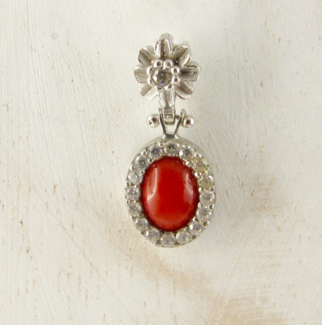 pendentif ovale en véritable corail rouge et argent 925/1000
