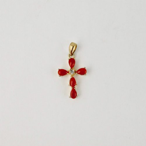 Pendentif croix méditerranéenne en véritable corail rouge de Méditerranée et argent plaqué or.